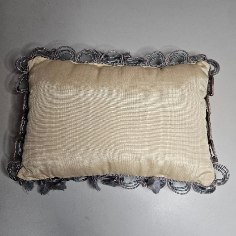 Vintage Floral Tapestry Accent Pillow Striped Tassel Trim Grey Cream 12x8